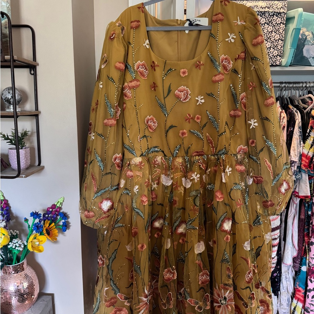 JessaKae Floral Embroidered Dress in Mustard and Pink-Marigold